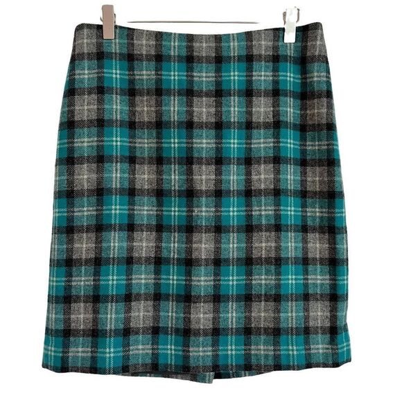 Talbots Wool Blend Plaid A Line Skirt Turquoise Aqua + Grey Check Size 4 - Picture 1 of 5
